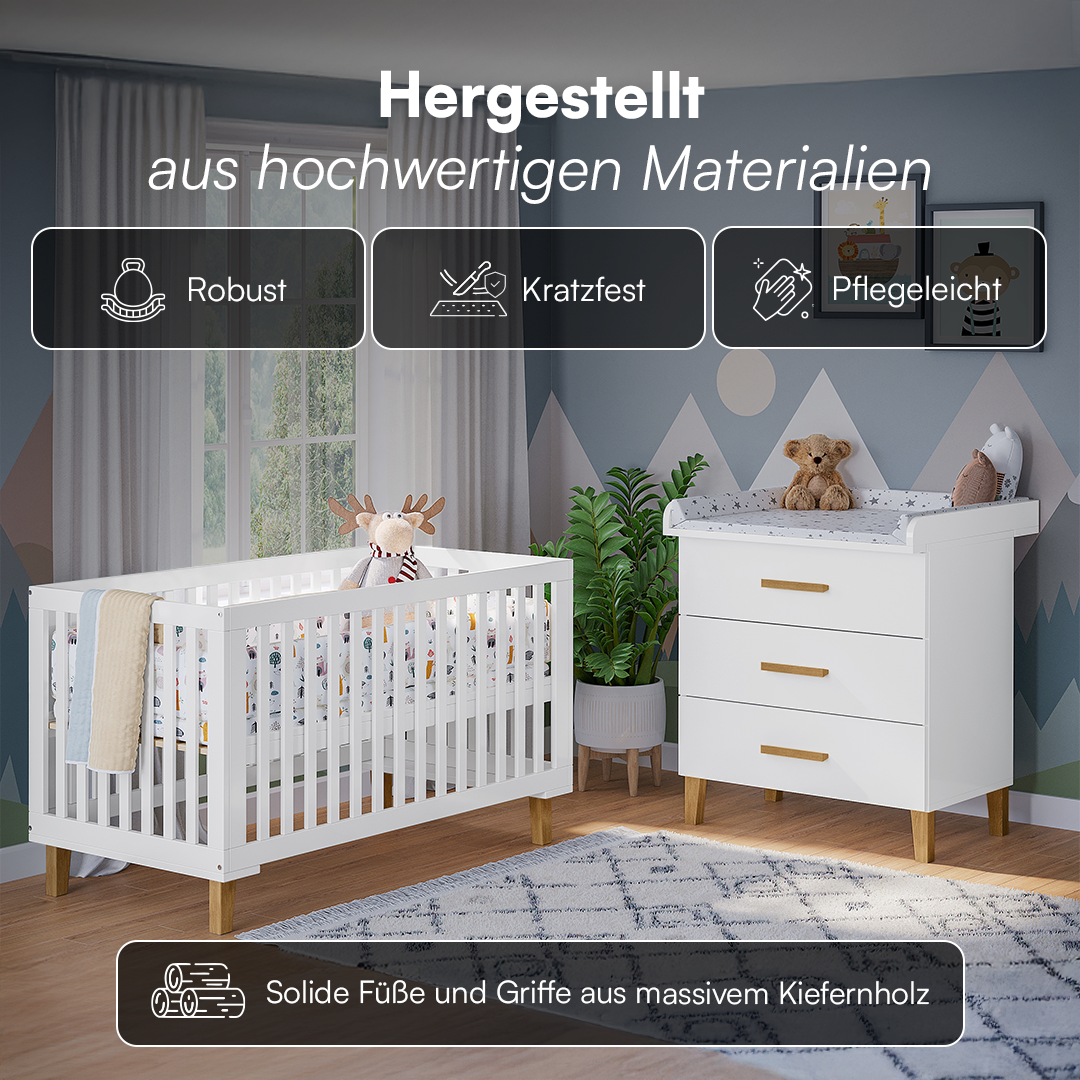 Liri 2-tlg. Babyzimmer, Set aus umbaubarem Babybett und Wickelkommode mit abnehmbarem Wickelaufsatz