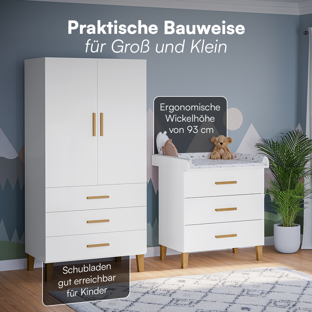 Liri 2-tlg. Babyzimmer, weiß/natur, Set aus Wickelkommode mit abnehmbarem Wickelaufsatz und 2-trg. Kleiderschrank
