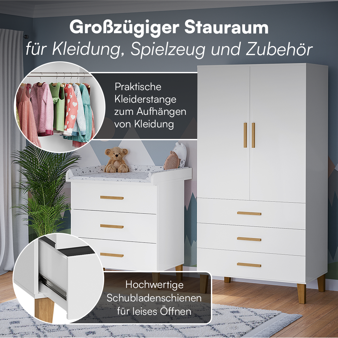 Liri 2-tlg. Babyzimmer, weiß/natur, Set aus Wickelkommode mit abnehmbarem Wickelaufsatz und 2-trg. Kleiderschrank
