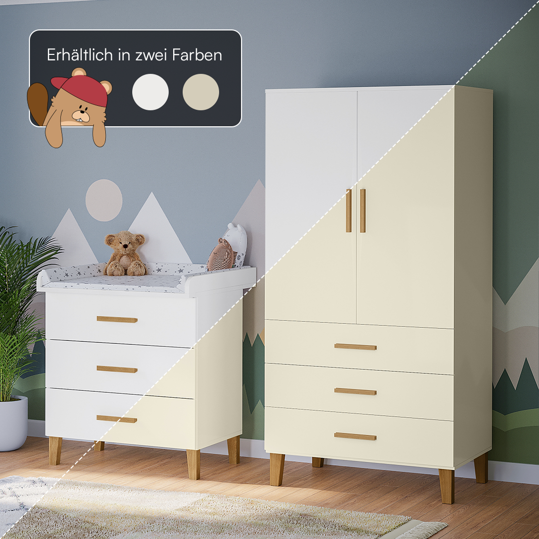 Liri 2-tlg. Babyzimmer, weiß/natur, Set aus Wickelkommode mit abnehmbarem Wickelaufsatz und 2-trg. Kleiderschrank
