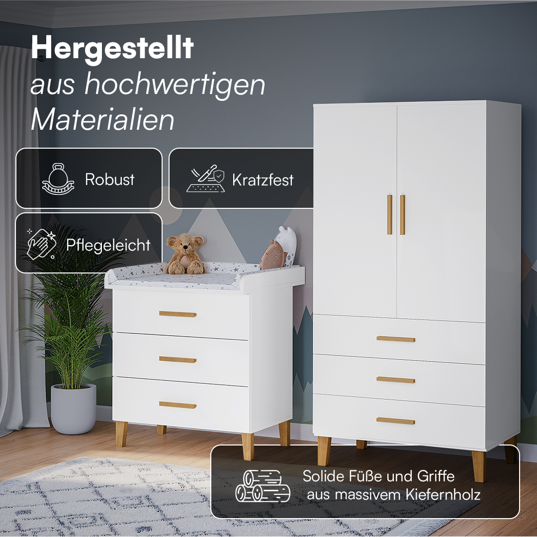 Liri 2-tlg. Babyzimmer, weiß/natur, Set aus Wickelkommode mit abnehmbarem Wickelaufsatz und 2-trg. Kleiderschrank