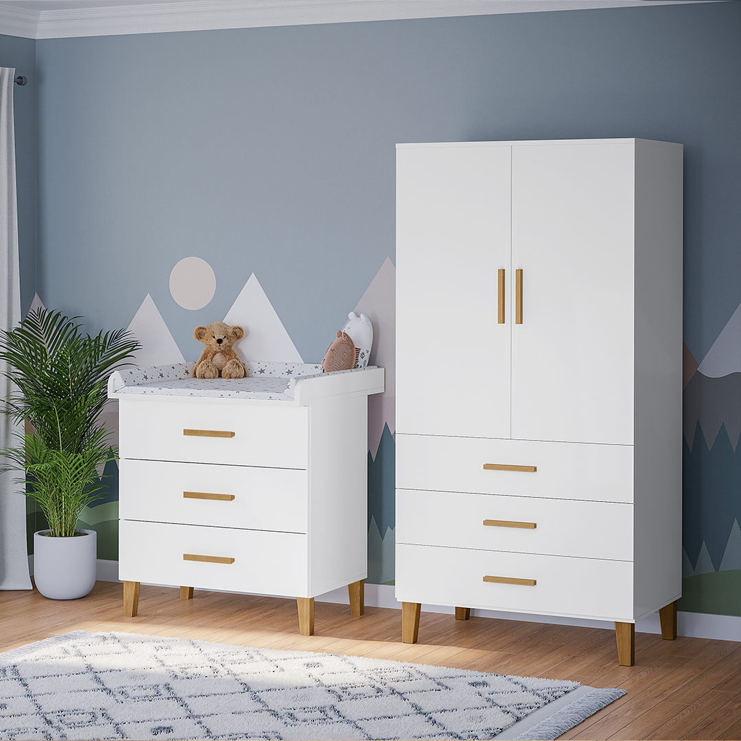 Liri 2-tlg. Babyzimmer, weiß/natur, Set aus Wickelkommode mit abnehmbarem Wickelaufsatz und 2-trg. Kleiderschrank