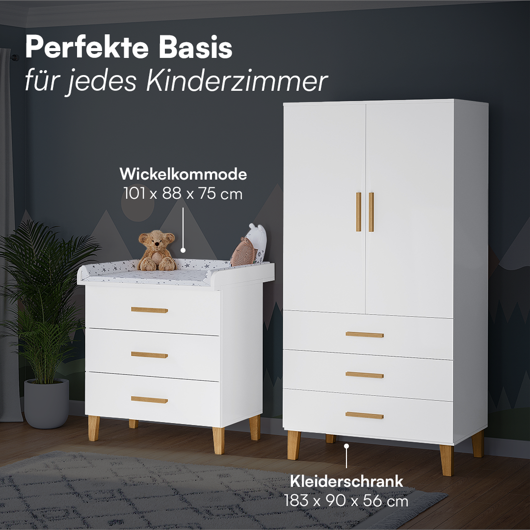 Liri 2-tlg. Babyzimmer, weiß/natur, Set aus Wickelkommode mit abnehmbarem Wickelaufsatz und 2-trg. Kleiderschrank