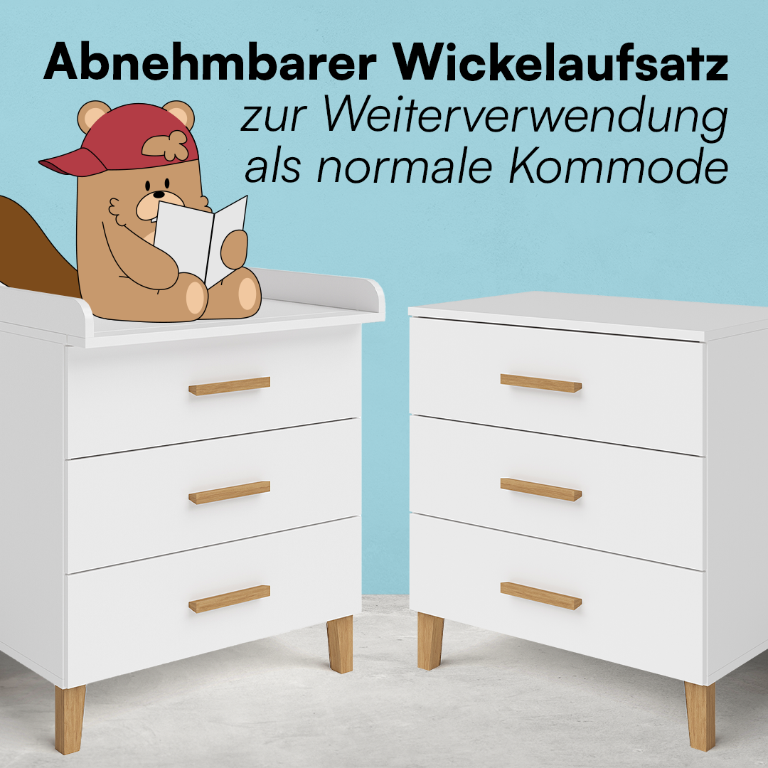 Liri 2-tlg. Babyzimmer, weiß/natur, Set aus Wickelkommode mit abnehmbarem Wickelaufsatz und 2-trg. Kleiderschrank