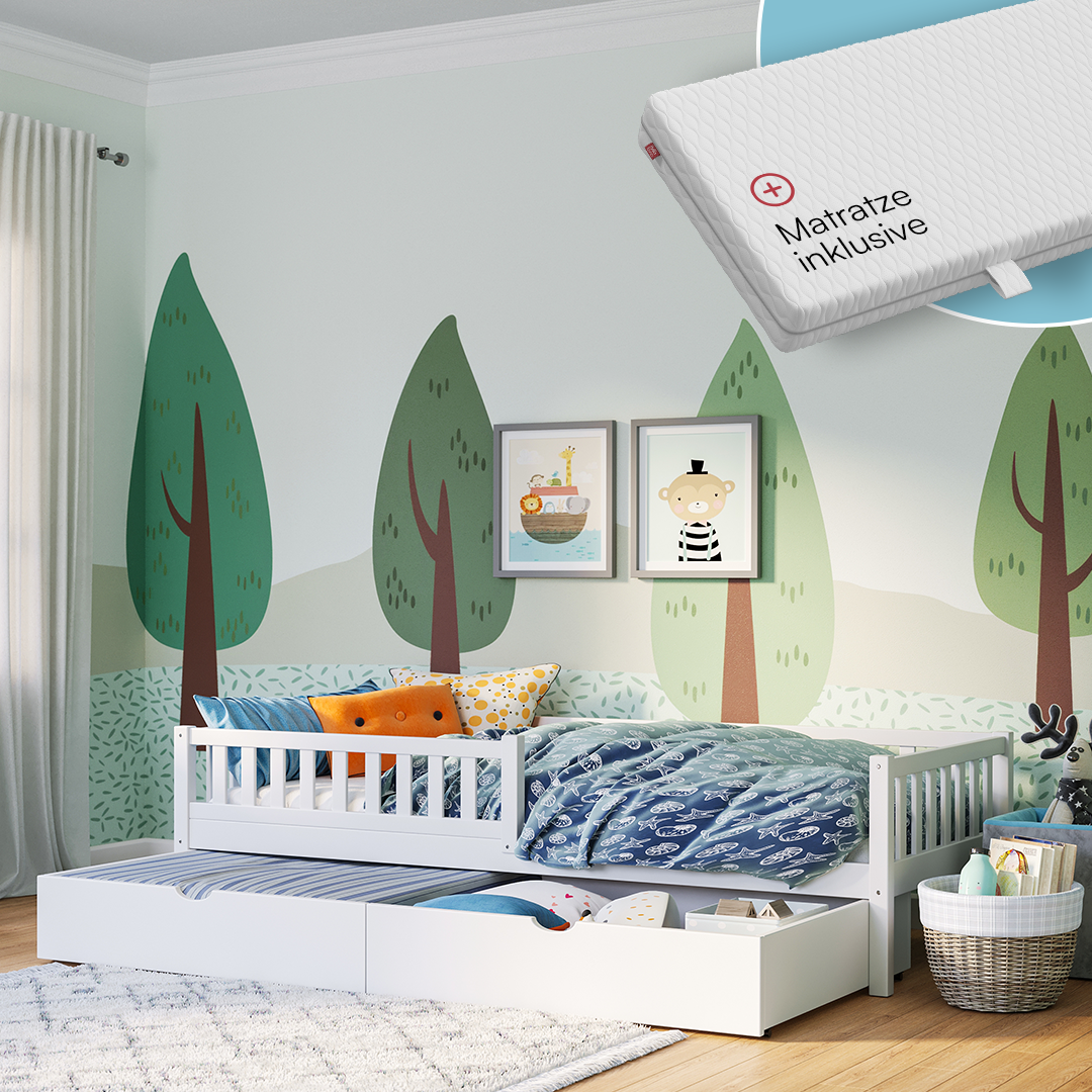 Vils Kinderbett mit großer Schublade inkl. Lattenrost und Rausfallschu – Bellabino