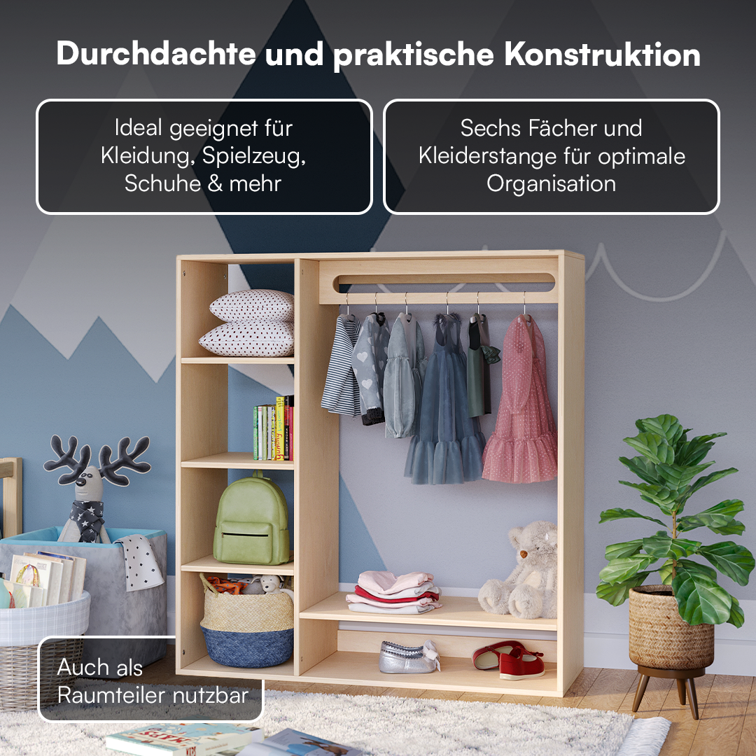 Tea Kindergarderobe, natur unbehandelt, Sperrholz Birke, 114 x 40 x 105 cm, mit 6 Ablagefächern