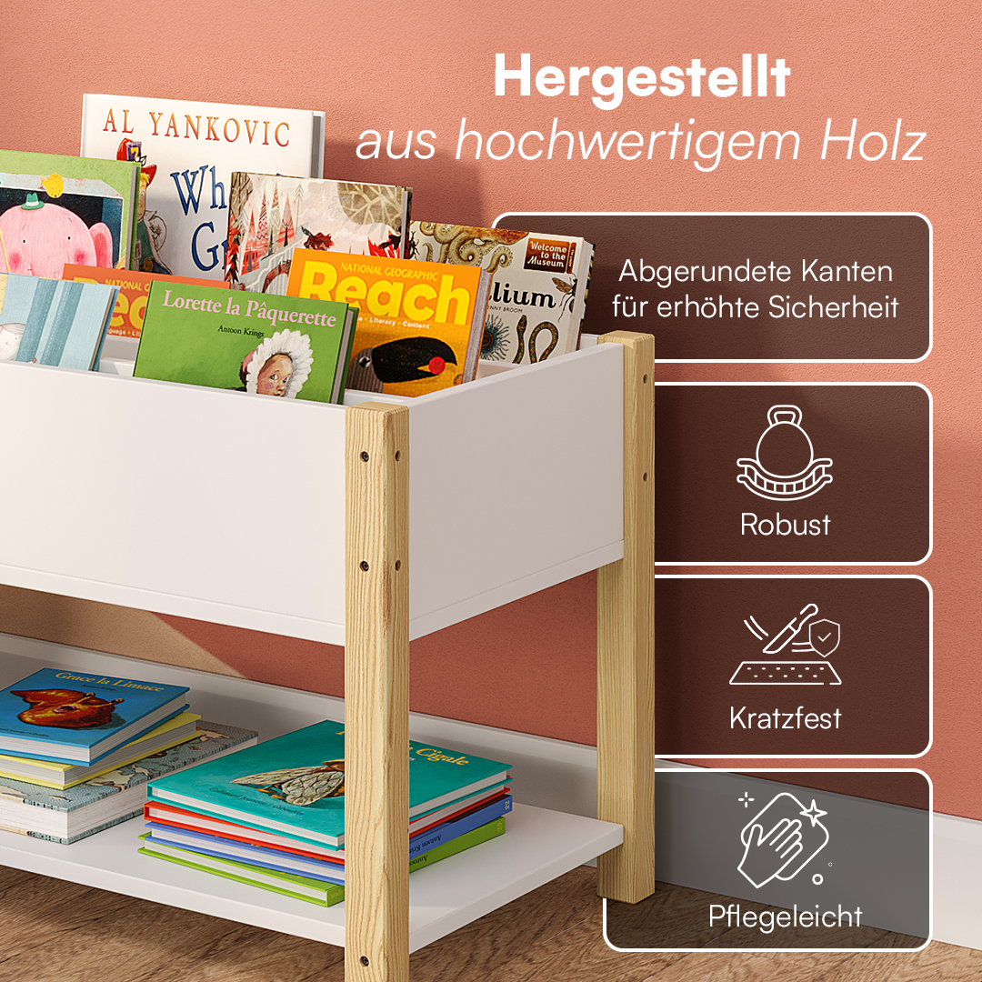 Teme Kinderbücherregal mit 4 Ablagefächern und Aufbewahrungsregal, Kiefer massiv, weiß/natur, 80x40x44 cm