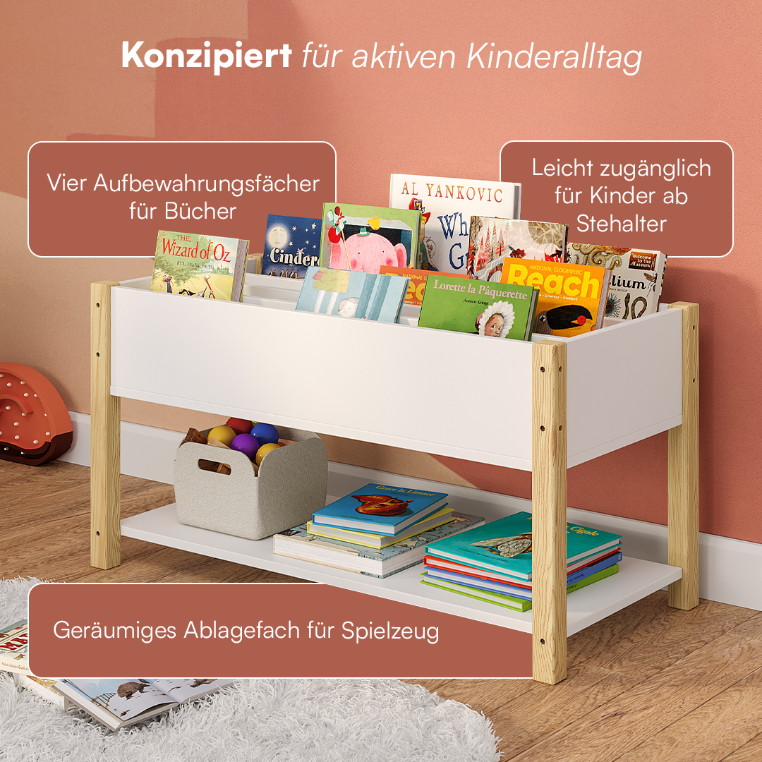 Teme Kinderbücherregal mit 4 Ablagefächern und Aufbewahrungsregal, Kiefer massiv, weiß/natur, 80x40x44 cm