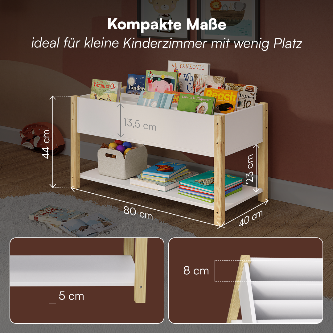 Teme Kinderbücherregal mit 4 Ablagefächern und Aufbewahrungsregal, Kiefer massiv, weiß/natur, 80x40x44 cm