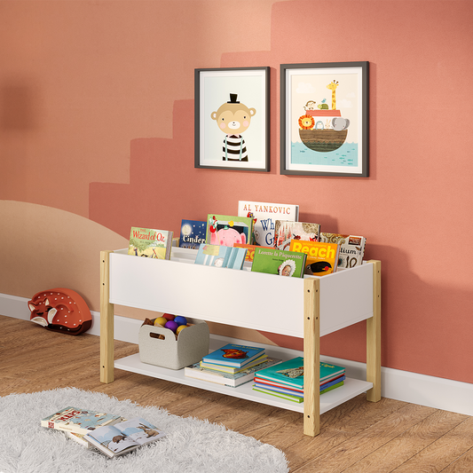 Teme Kinderbücherregal mit 4 Ablagefächern und Aufbewahrungsregal, Kiefer massiv, weiß/natur, 80x40x44 cm