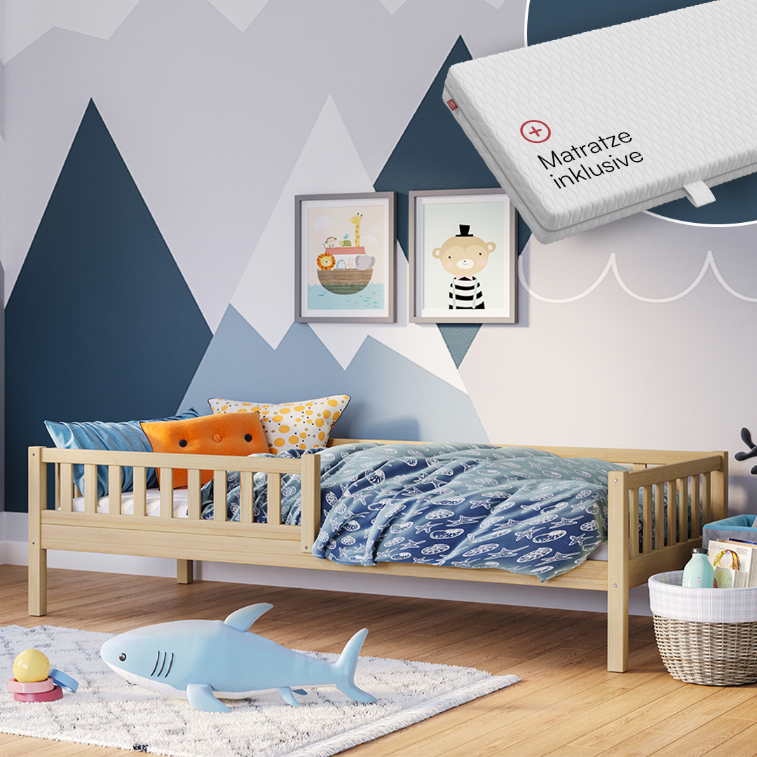Vils Kinderbett inkl. Lattenrost und Rausfallschutz, natur, 90x200 cm, – Bellabino