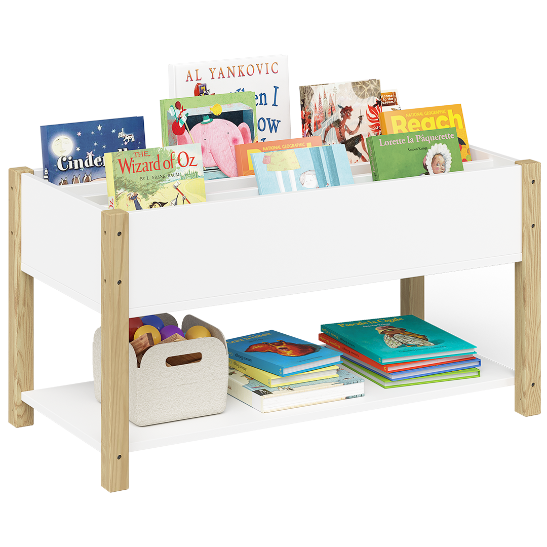 Teme Kinderbücherregal mit 4 Ablagefächern und Aufbewahrungsregal, Kiefer massiv, weiß/natur, 80x40x44 cm