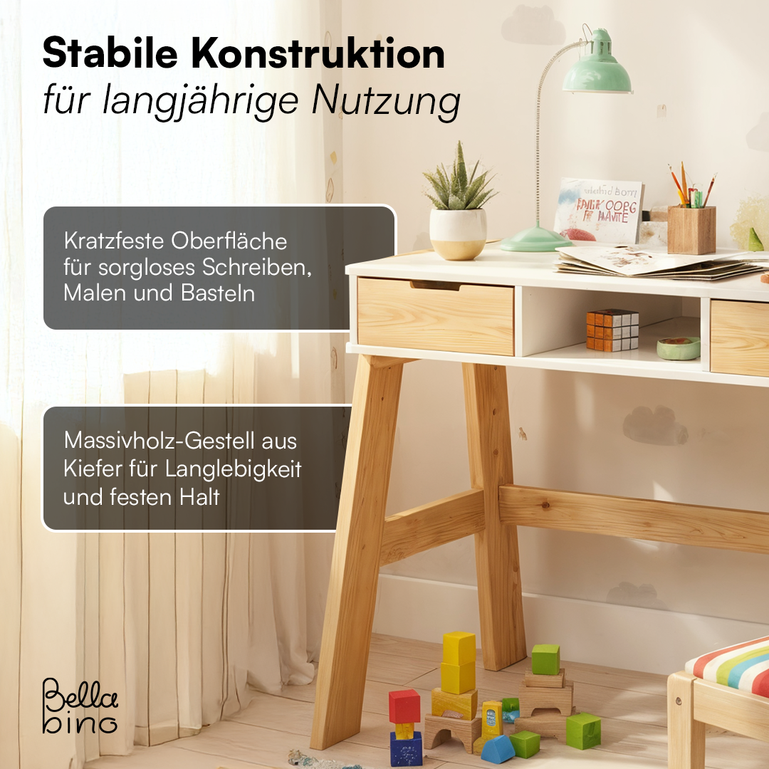 Campo Kinderschreibtisch, weiß/natur, 4-fach höhenverstellbar, mit 2 Schubladen, 1 Ablagefach und 3 Aufbewahrungsfächern, 75 x 63 x 93 cm