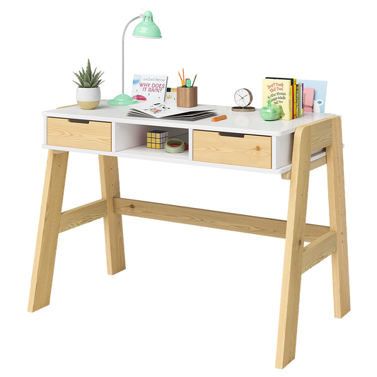 Campo Kinderschreibtisch, weiß/natur, 4-fach höhenverstellbar, mit 2 Schubladen, 1 Ablagefach und 3 Aufbewahrungsfächern, 75 x 63 x 93 cm