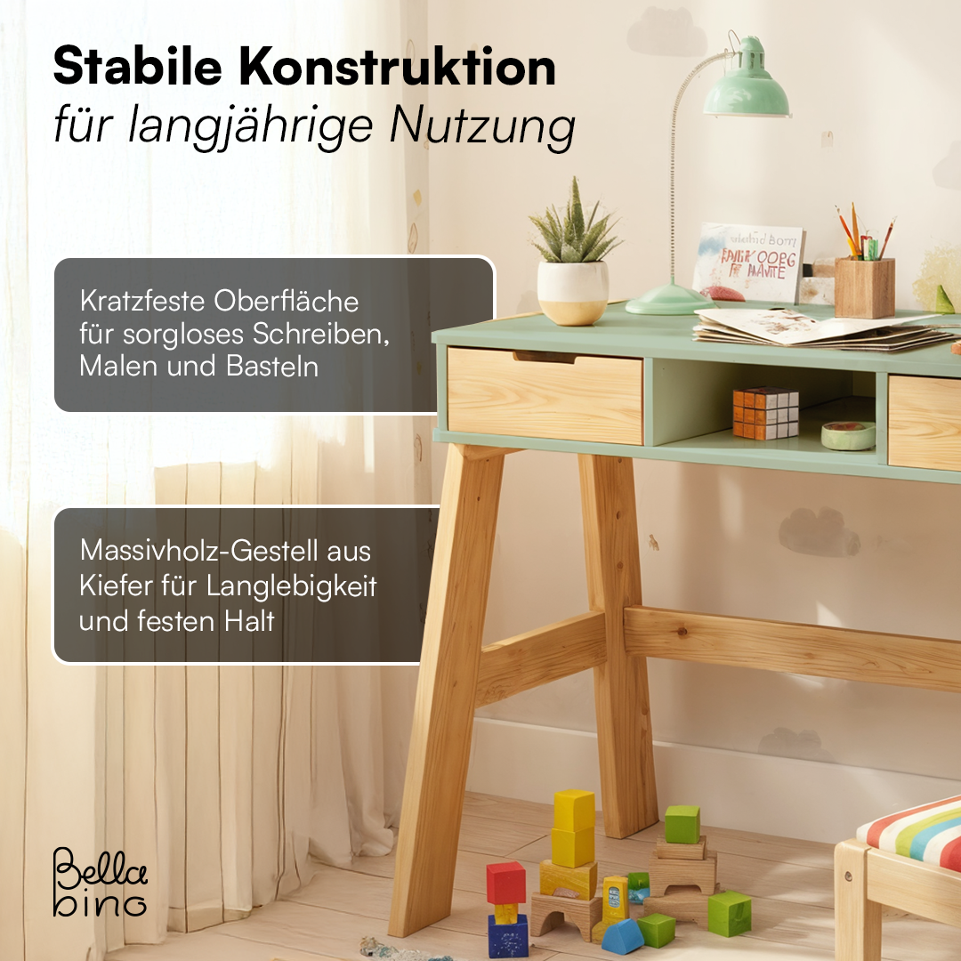 Campo Kinderschreibtisch, mintgrün/natur, 4-fach höhenverstellbar, mit 2 Schubladen, 1 Ablagefach und 3 Aufbewahrungsfächern, 75 x 63 x 93 cm