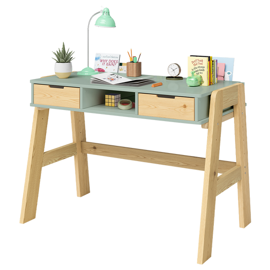 Campo Kinderschreibtisch, mintgrün/natur, 4-fach höhenverstellbar, mit 2 Schubladen, 1 Ablagefach und 3 Aufbewahrungsfächern, 75 x 63 x 93 cm