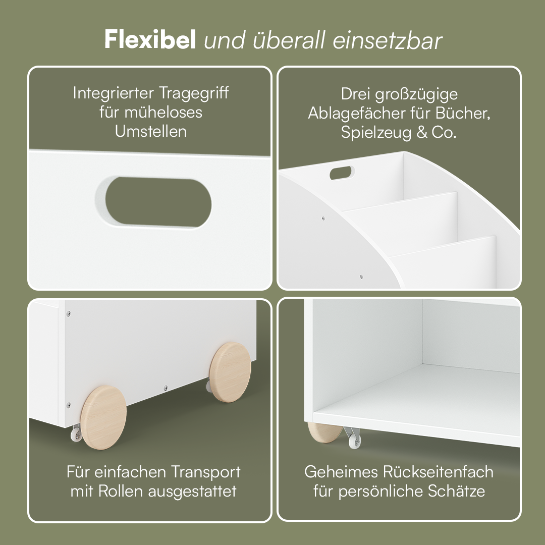 Towy Kinderbücherregal mit 3 Ablagefächern und Geheimfach, weiß/natur, 43 x 40 x 43 cm