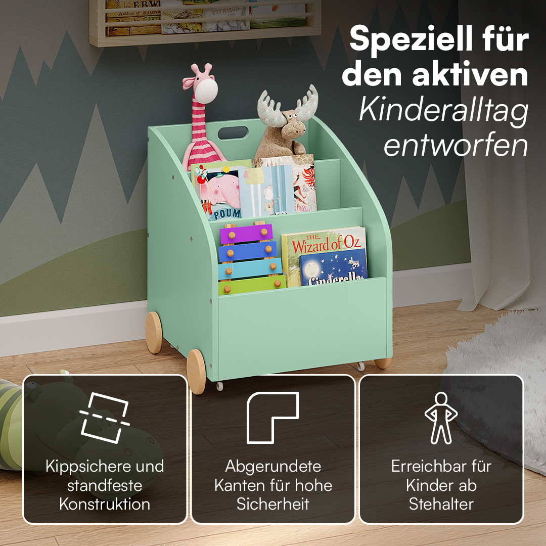 Towy Kinderbücherregal mit 3 Ablagefächern und Geheimfach, grün/natur, 43 x 40 x 43 cm