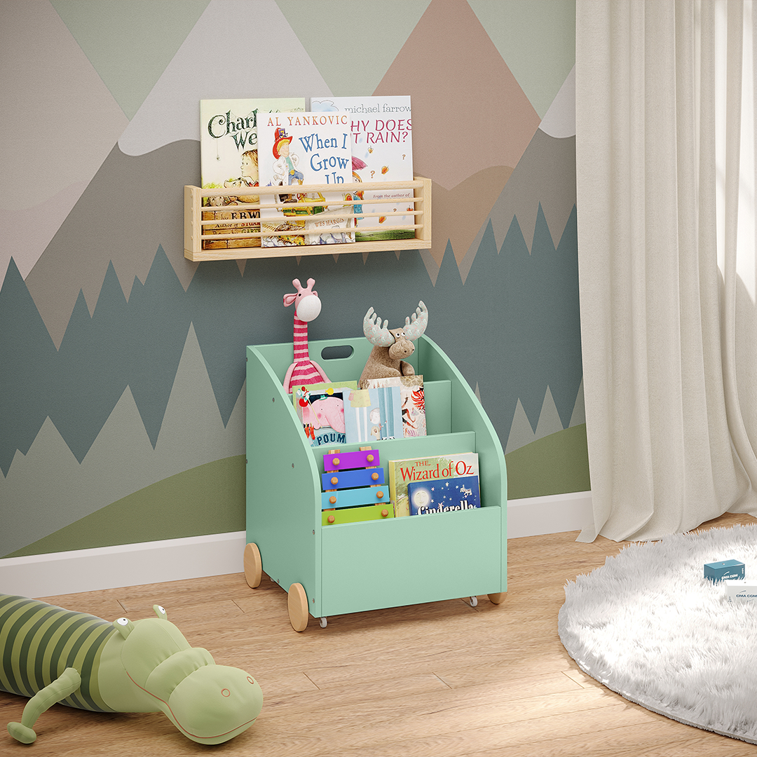 Towy Kinderbücherregal mit 3 Ablagefächern und Geheimfach, grün/natur, 43 x 40 x 43 cm