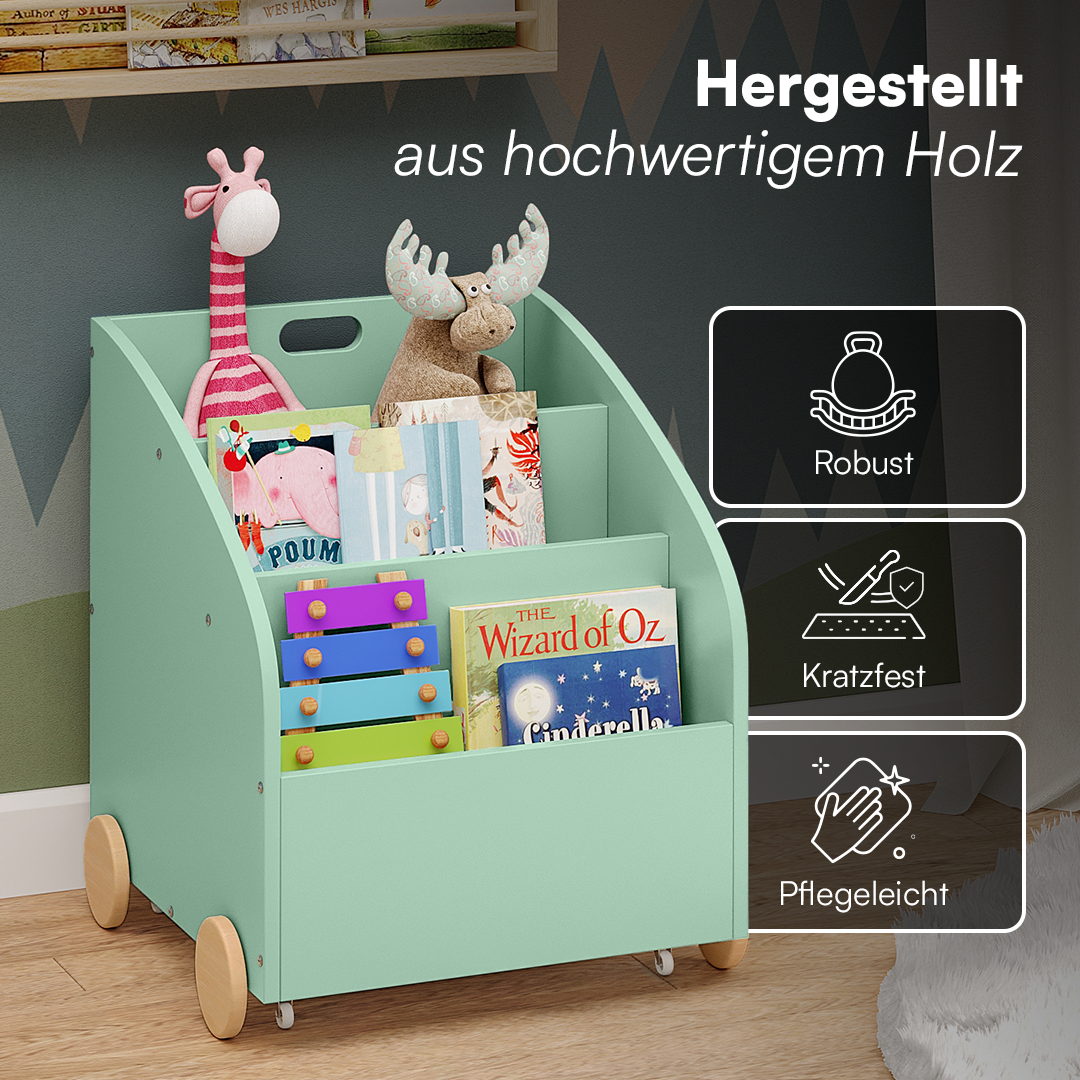 Towy Kinderbücherregal mit 3 Ablagefächern und Geheimfach, grün/natur, 43 x 40 x 43 cm