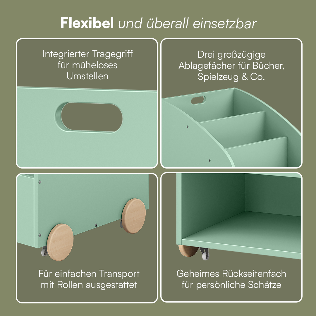 Towy Kinderbücherregal mit 3 Ablagefächern und Geheimfach, grün/natur, 43 x 40 x 43 cm
