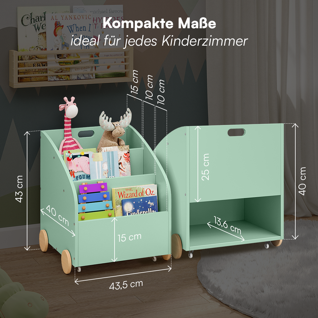 Towy Kinderbücherregal mit 3 Ablagefächern und Geheimfach, grün/natur, 43 x 40 x 43 cm