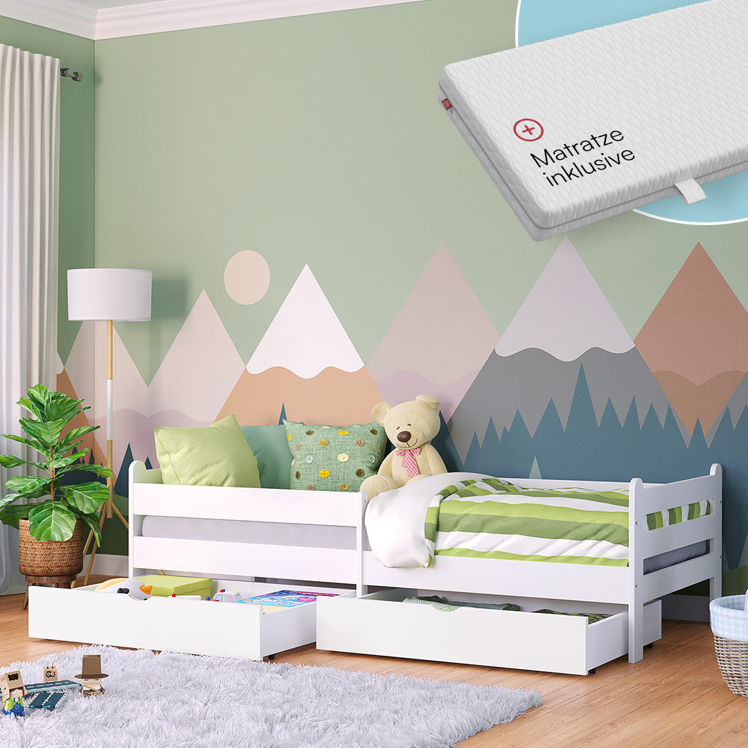 Kuru Kinderbett mit 2 Schubladen inkl. Rausfallschutz und Lattenrost, weiß lackiert, 90x200 cm, mit Matratze
