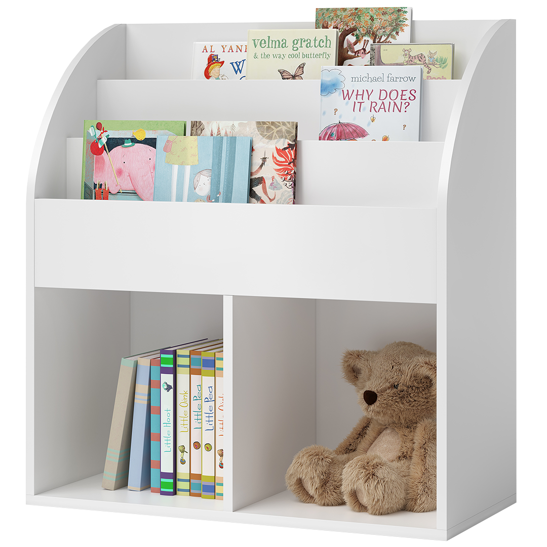 Koro Kinderregal, weiß, mit 3 Fächern für Bücher und 2 Fächern für Aufbewahrungsboxen