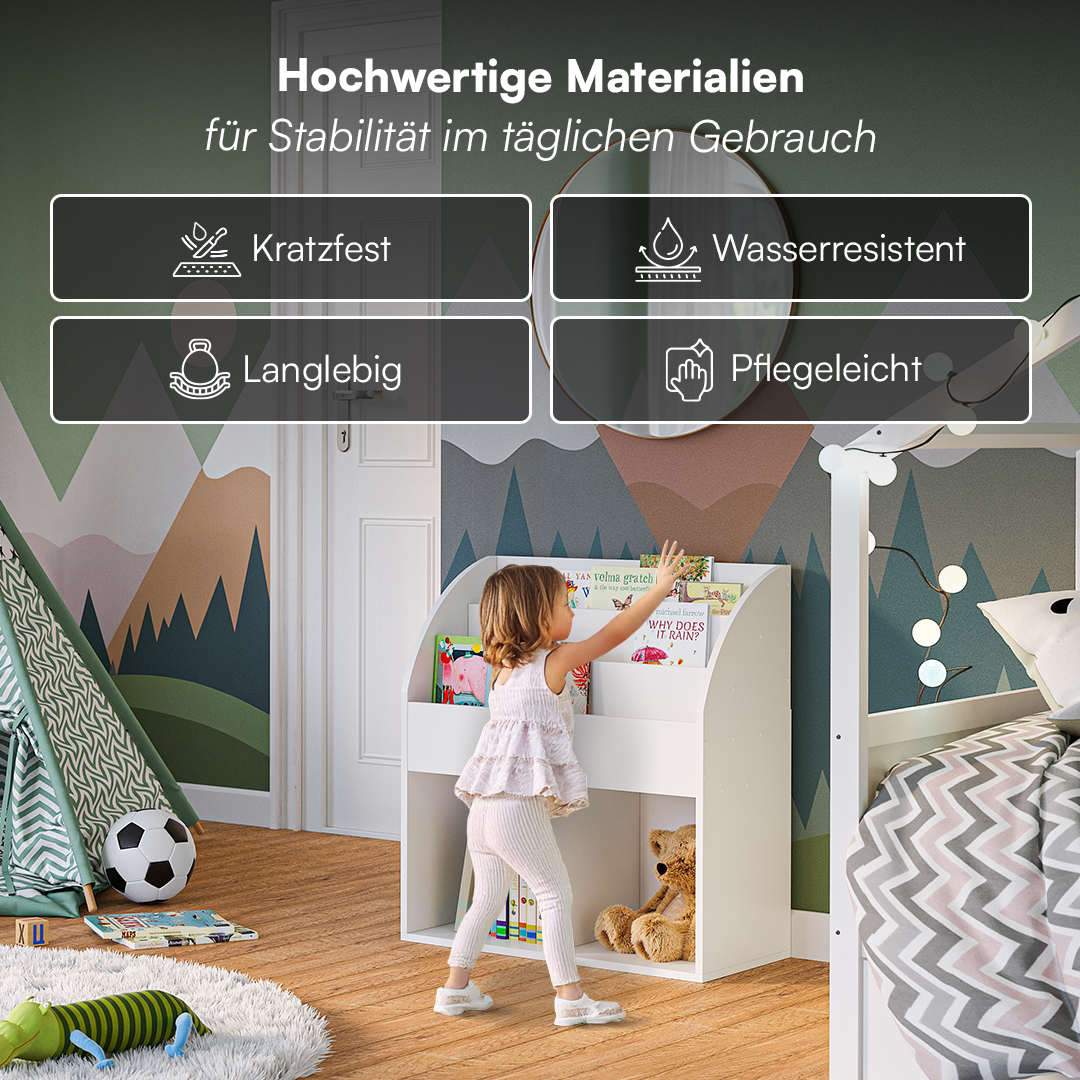 Koro Kinderregal, weiß, mit 3 Fächern für Bücher und 2 Fächern für Aufbewahrungsboxen