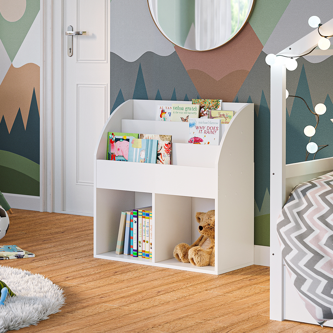 Koro Kinderregal, weiß, mit 3 Fächern für Bücher und 2 Fächern für Aufbewahrungsboxen