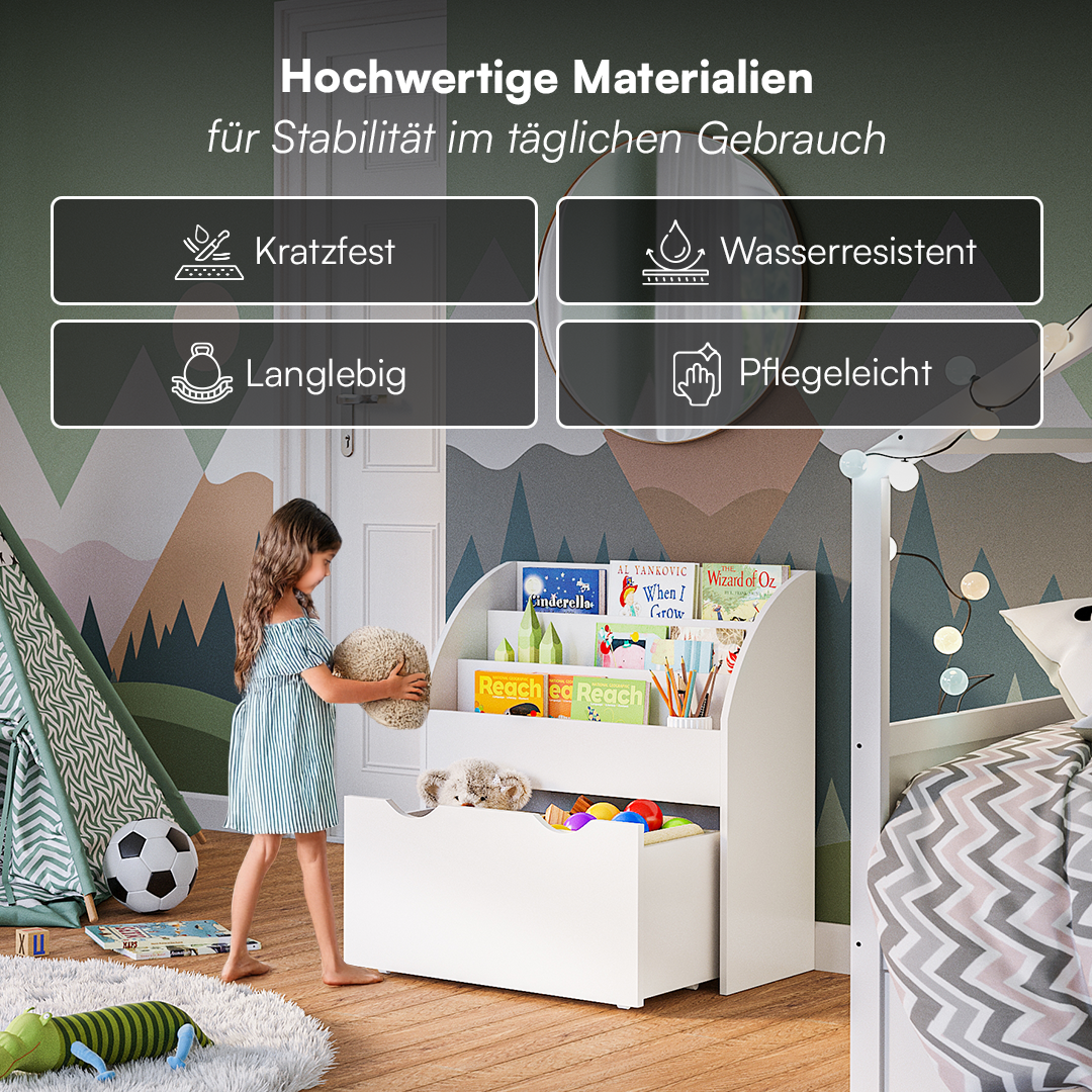 Koro Kinderregal, weiß, mit 3 Fächern für Bücher und 1 Schublade