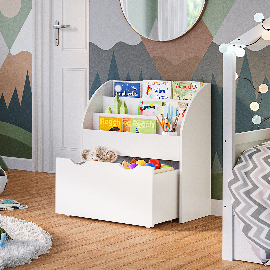 Koro Kinderregal, weiß, mit 3 Fächern für Bücher und 1 Schublade
