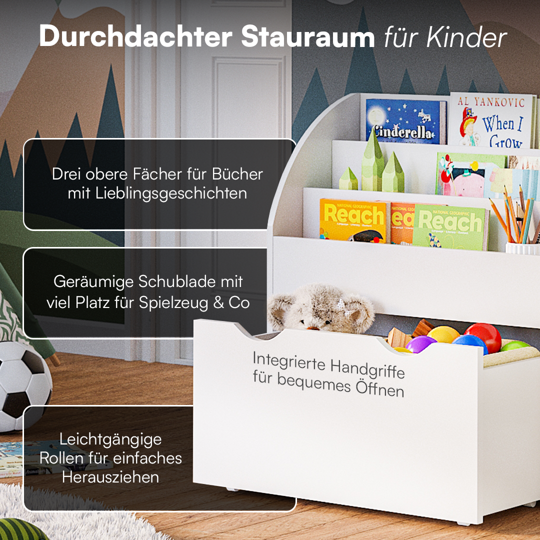 Koro Kinderregal, weiß, mit 3 Fächern für Bücher und 1 Schublade