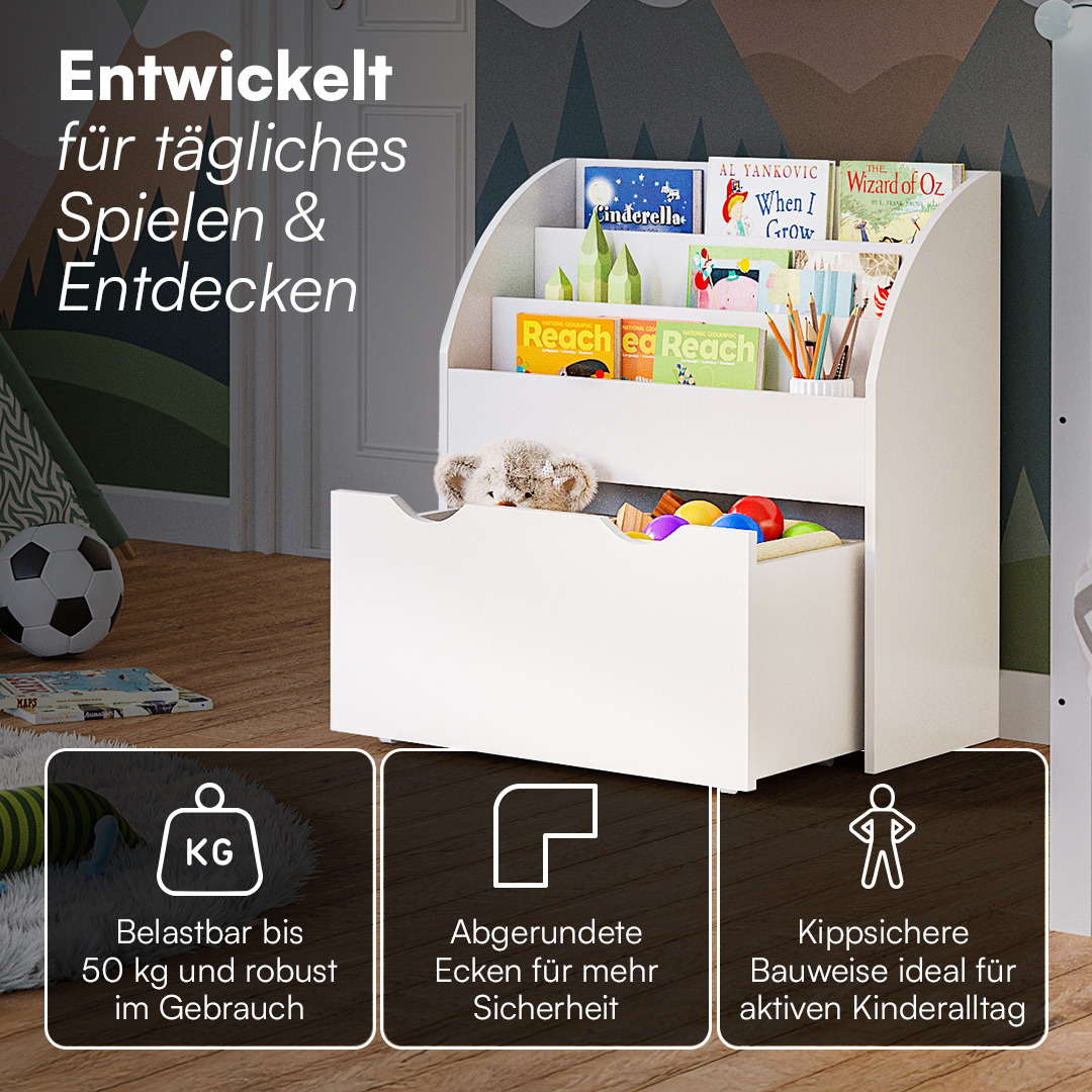 Koro Kinderregal, weiß, mit 3 Fächern für Bücher und 1 Schublade