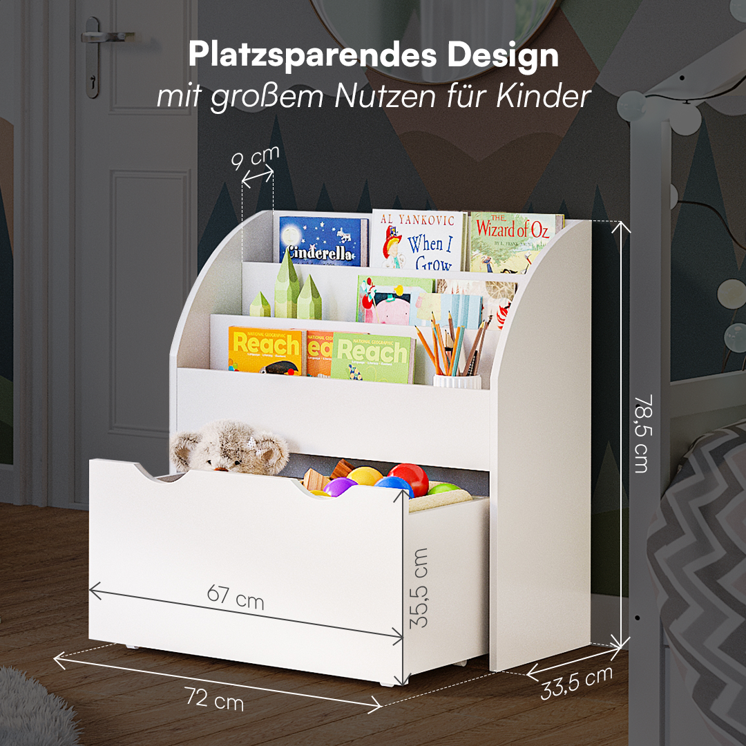 Koro Kinderregal, weiß, mit 3 Fächern für Bücher und 1 Schublade