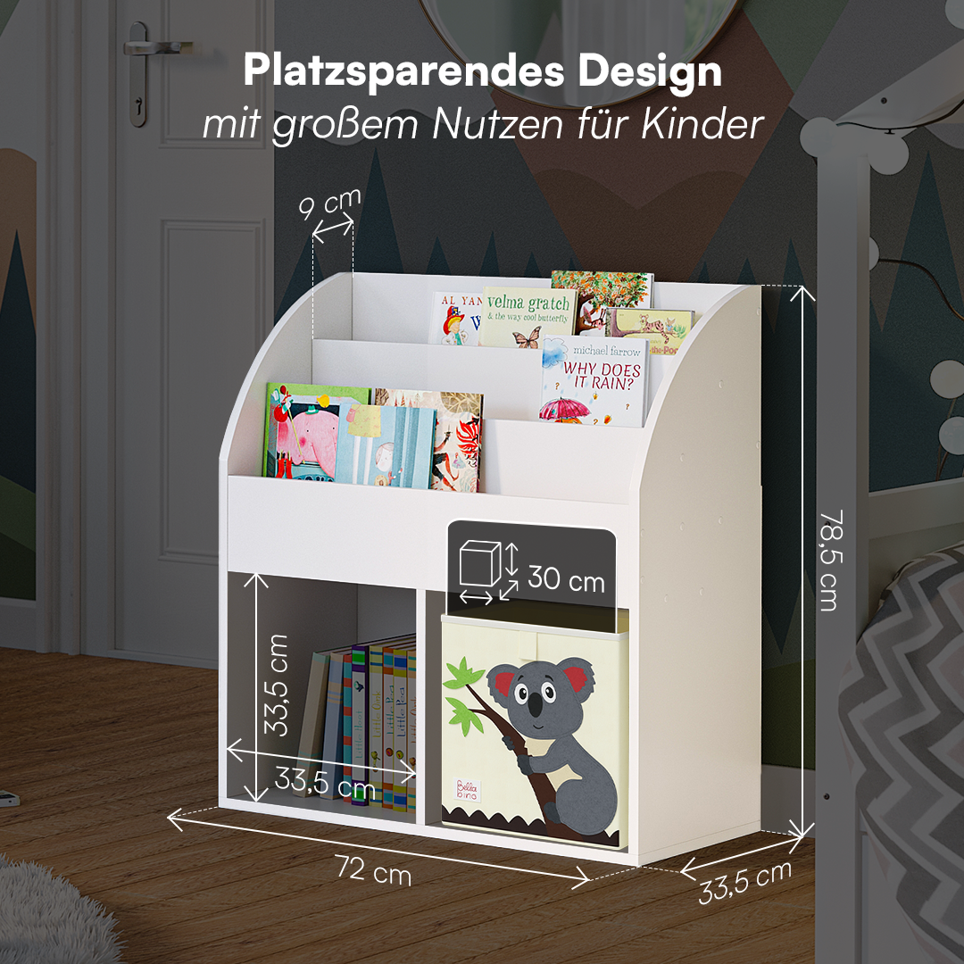 Koro Kinderregal, weiß, mit 3 Fächern für Bücher und 2 Fächern für Boxen, inkl. 2 Faltboxen (Fuchs/Koala)