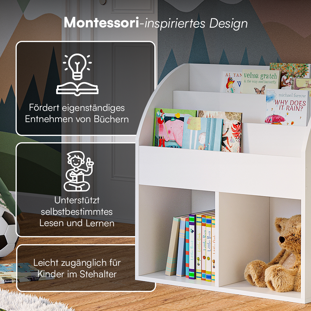 Koro Kinderregal, weiß, mit 3 Fächern für Bücher und 2 Fächern für Boxen, inkl. 2 Faltboxen (Fuchs/Koala)