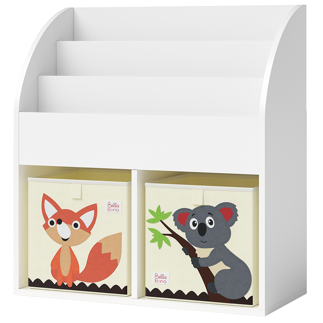 Koro Kinderregal, weiß, mit 3 Fächern für Bücher und 2 Fächern für Boxen, inkl. 2 Faltboxen (Fuchs/Koala)