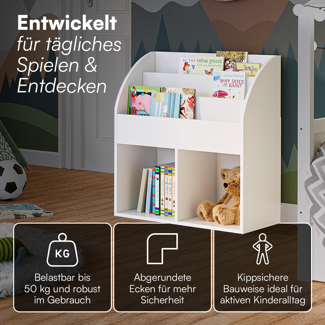 Koro Kinderregal, weiß, mit 3 Fächern für Bücher und 2 Fächern für Boxen, inkl. 2 Faltboxen (Fuchs/Koala)