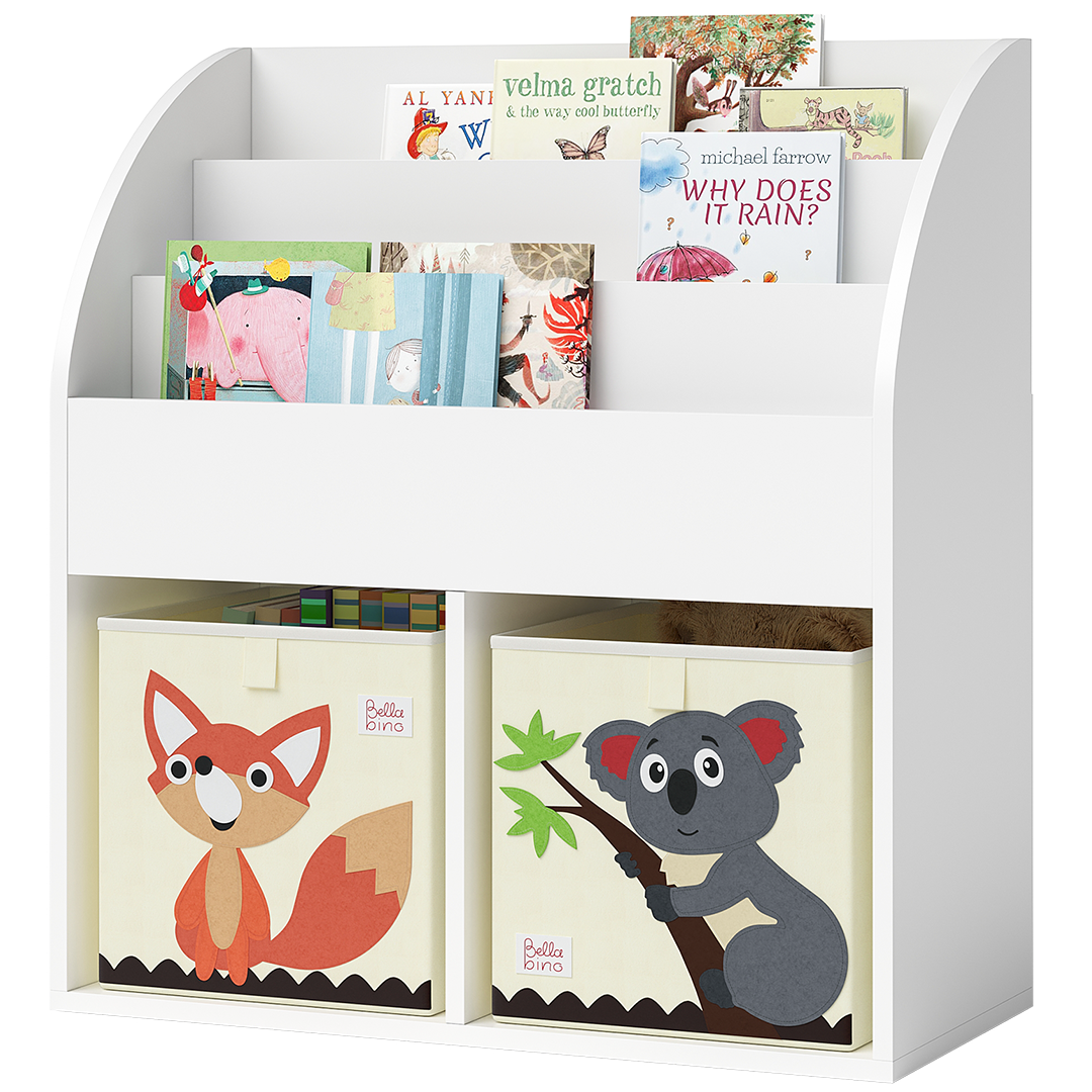 Koro Kinderregal, weiß, mit 3 Fächern für Bücher und 2 Fächern für Boxen, inkl. 2 Faltboxen (Fuchs/Koala)