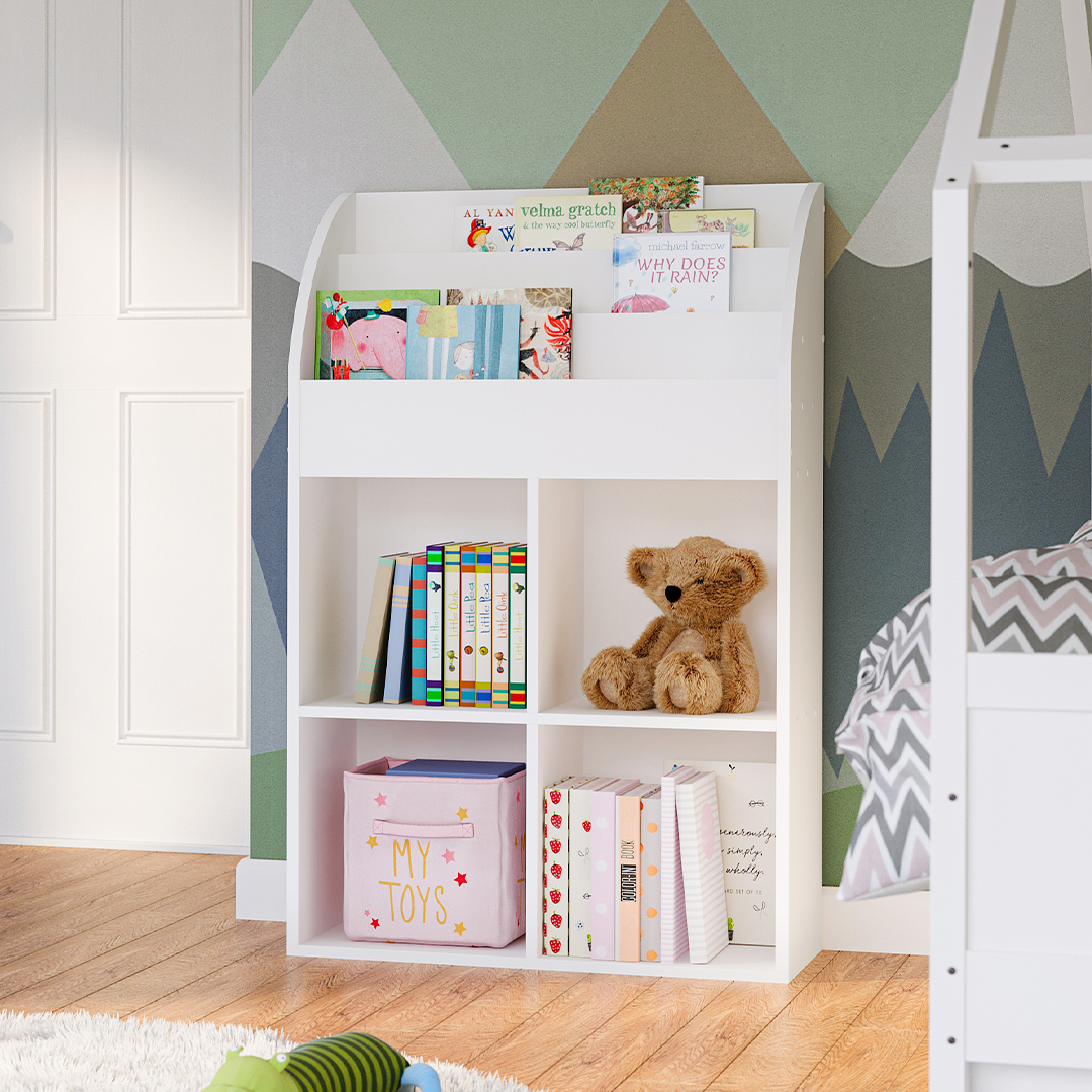 Koro Kinderregal, weiß, mit 3 Fächern für Bücher und 4 Fächern für Boxen, inkl. 4 Faltboxen (Affe/Löwe/Koala/Fuchs)