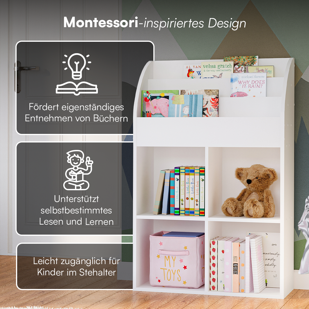 Koro Kinderregal, weiß, mit 3 Fächern für Bücher und 4 Fächern für Boxen, inkl. 4 Faltboxen (Affe/Löwe/Koala/Fuchs)