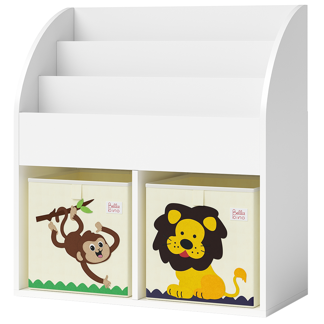 Koro Kinderregal, weiß, mit 3 Fächern für Bücher und 2 Fächern für Boxen, inkl. 2 Faltboxen (Affe/Löwe)