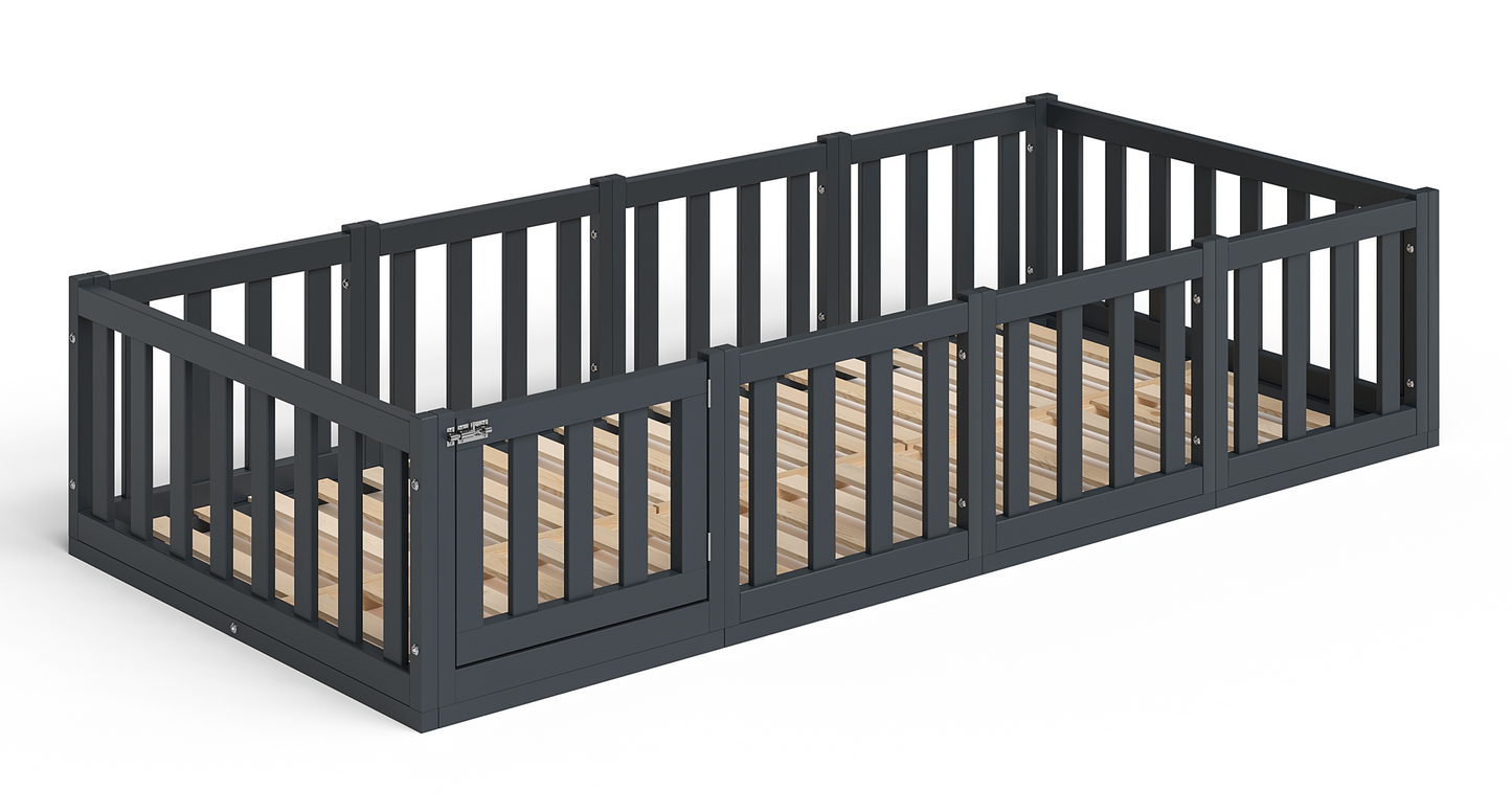 Tapi Bodenbett 90 x 200 cm mit Tür, grau lackiert, Kiefer massiv, inkl. Lattenrost