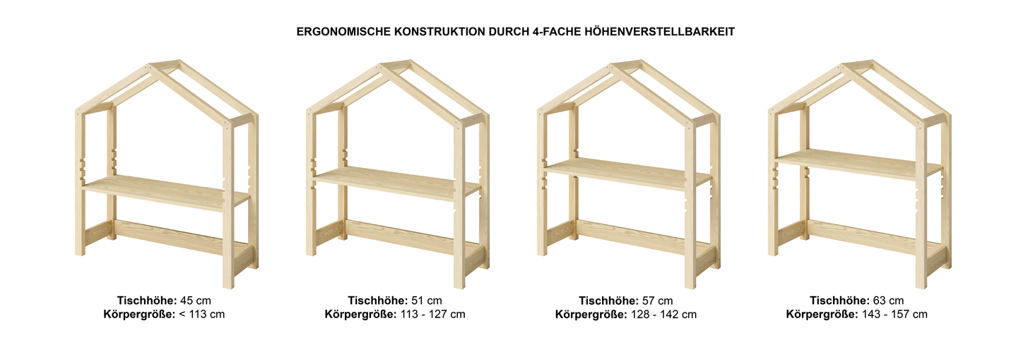 Holme Kinderschreibtisch, natur lackiert, Kiefer Massivholz, 4-fach höhenverstellbar