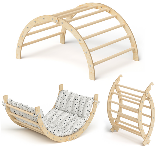 Ruki 2in1 Kletterbogen und Wippe zusammenklappbar, inkl. Matratze 'Graue Sterne', natur lackiert, Buche Massivholz