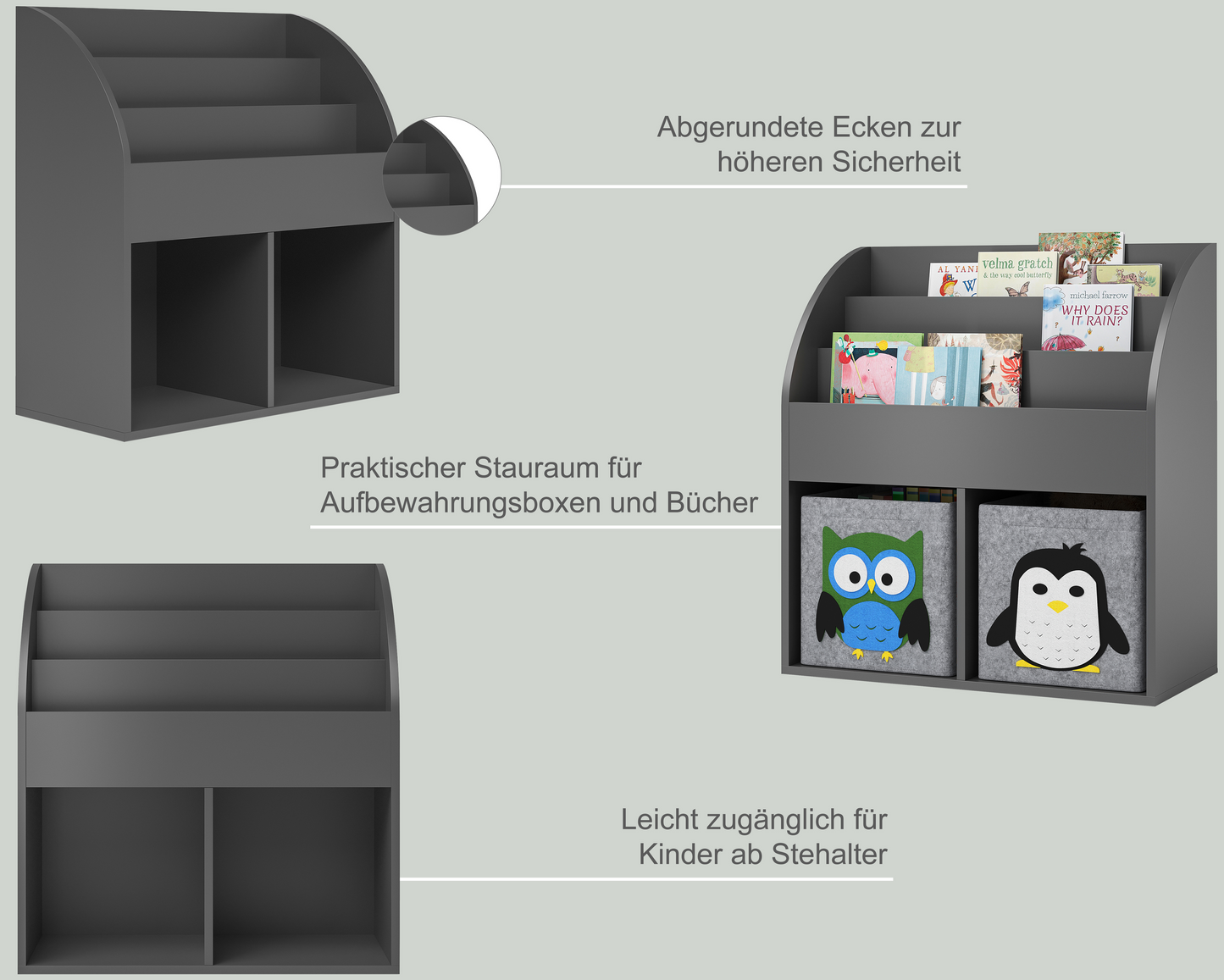 Koro Kinderregal, grau, mit 3 Fächern für Bücher und 2 Fächern für Boxen