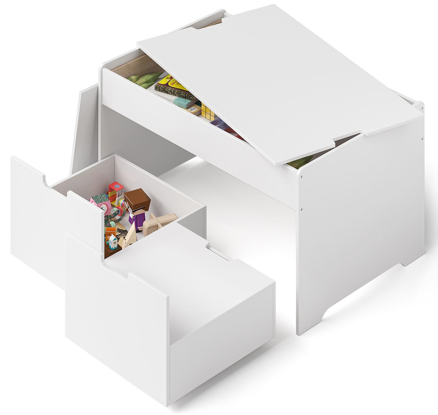 Dadu Spieltisch mit Aufbewahrungsfach, weiß, inkl. 2 Aufbewahrungsboxen / Sitzhocker
