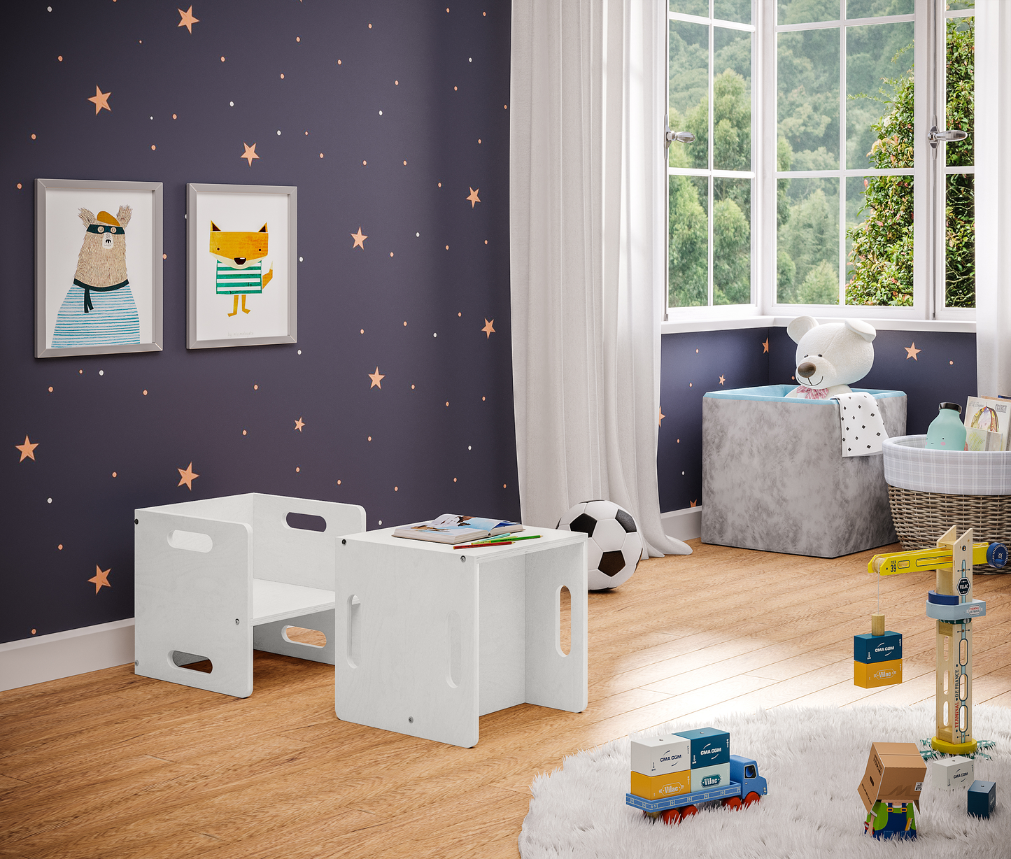 Aki 2in1 drehbare Kindersitzgruppe, 2x Stuhl, weiß lackiert