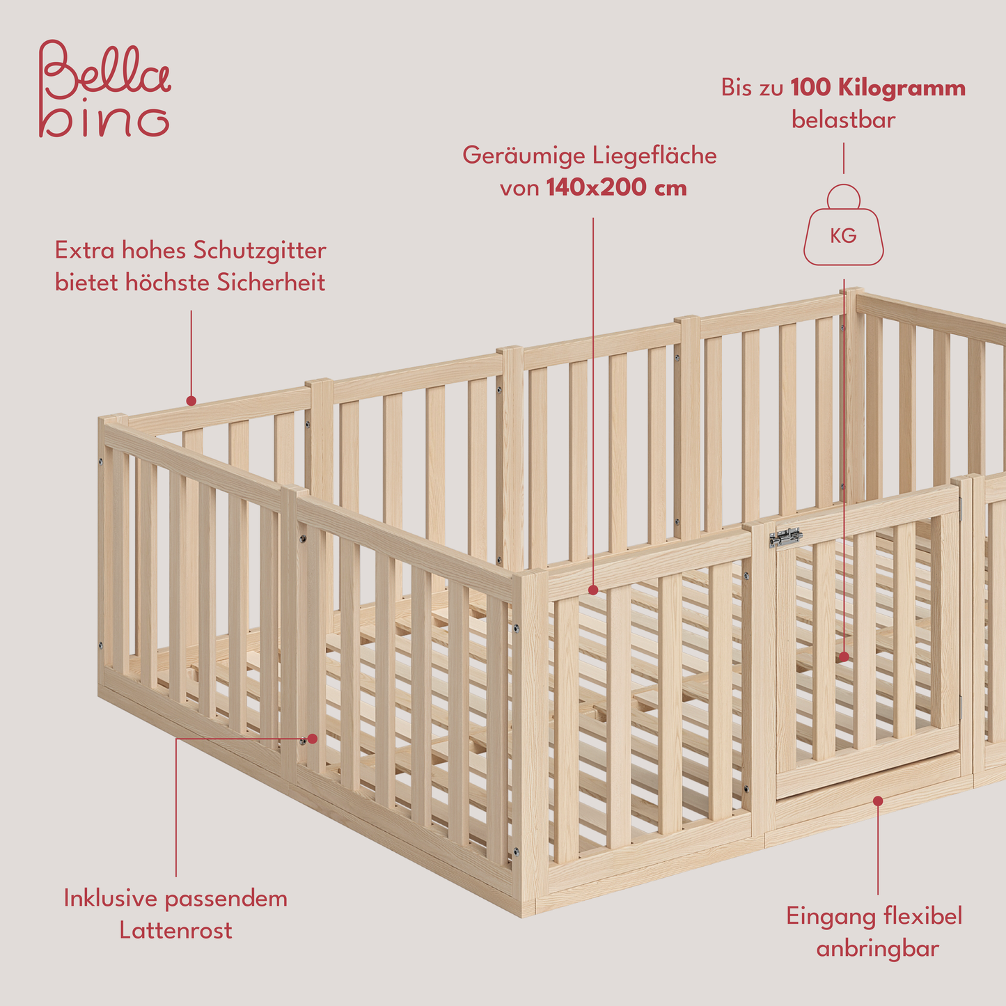 Tapi Bodenbett 140x200 cm mit extra hohem Gitter, mit Tür, natur lackiert, Kiefer massiv, inkl. Lattenrost